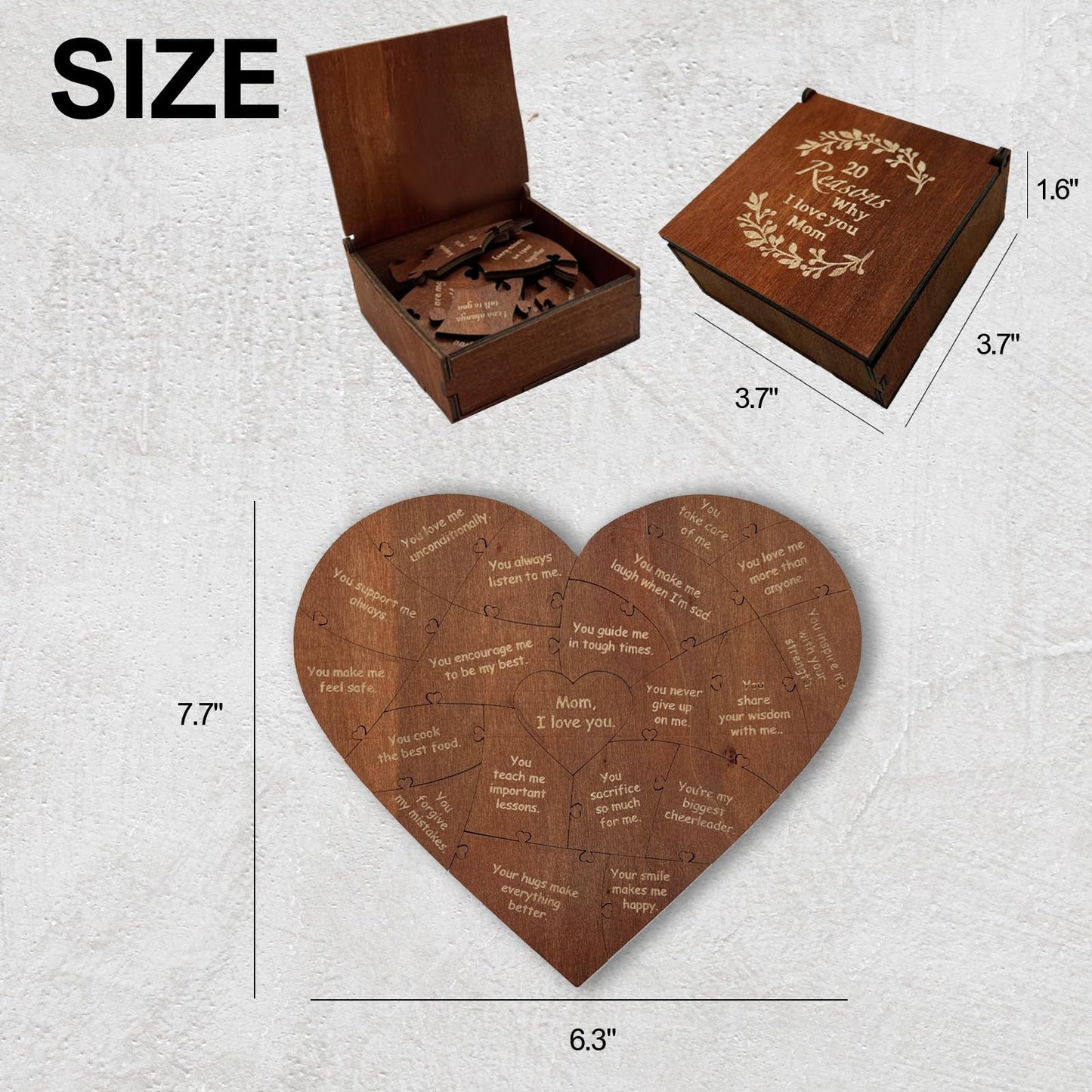 Wooden Mom Puzzle Pieces Gift - 20 Reasons Why I Love You Mom Keepsake Box - Sentimental Mothers Day, Birthday, Christmas Or Tha