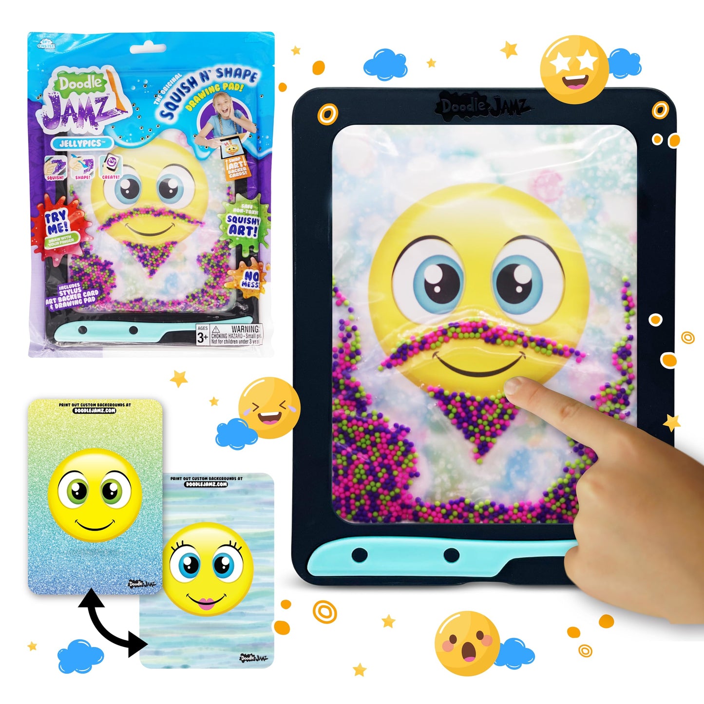Sky Castle Doodlejamz Jellypics - Sensory Drawing Pads Filled With Non-Toxic Squishy Beads And Gel - Includes Stylus, Removable 2-Sided Emoji Backer Card (Pink, Purple, Green Beads)