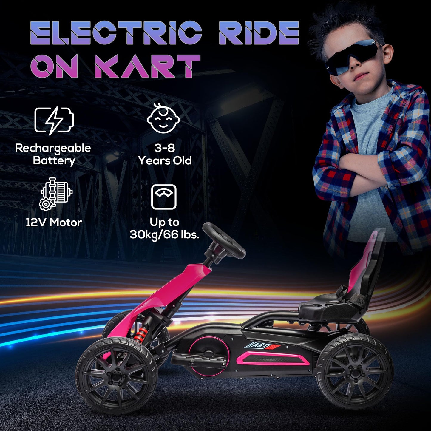 Aosom 12V Electric Go Kart for Kids, Outdoor Ride-On Toy with Forward Backward Drive & Adjustable Speed, Gift for Child 3-8 Year