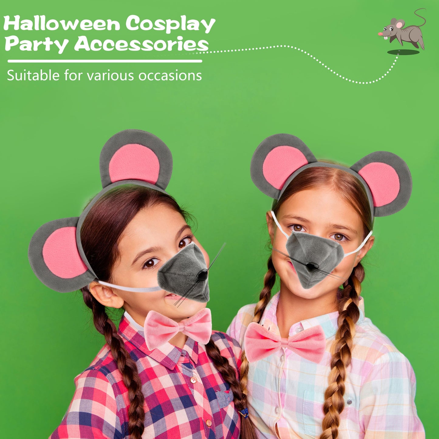 Sgbetter 8 Pcs Mouse Costume Mouse Ears Headband Nose Tail Gloves Bow Tie Grey Mouse Animal Accessories For Girls Women Hallowee
