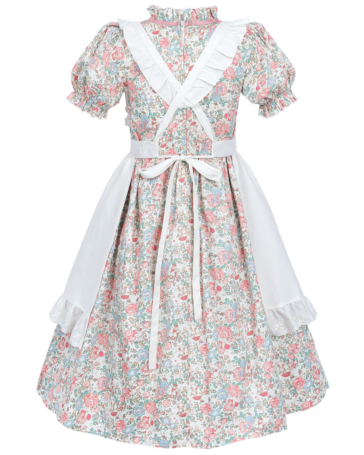 FCCAM Colonial Costume Girls with Mob Cap Floral Pioneer Prairie Dress 1800s American Costume Pink L age over 4 years old
