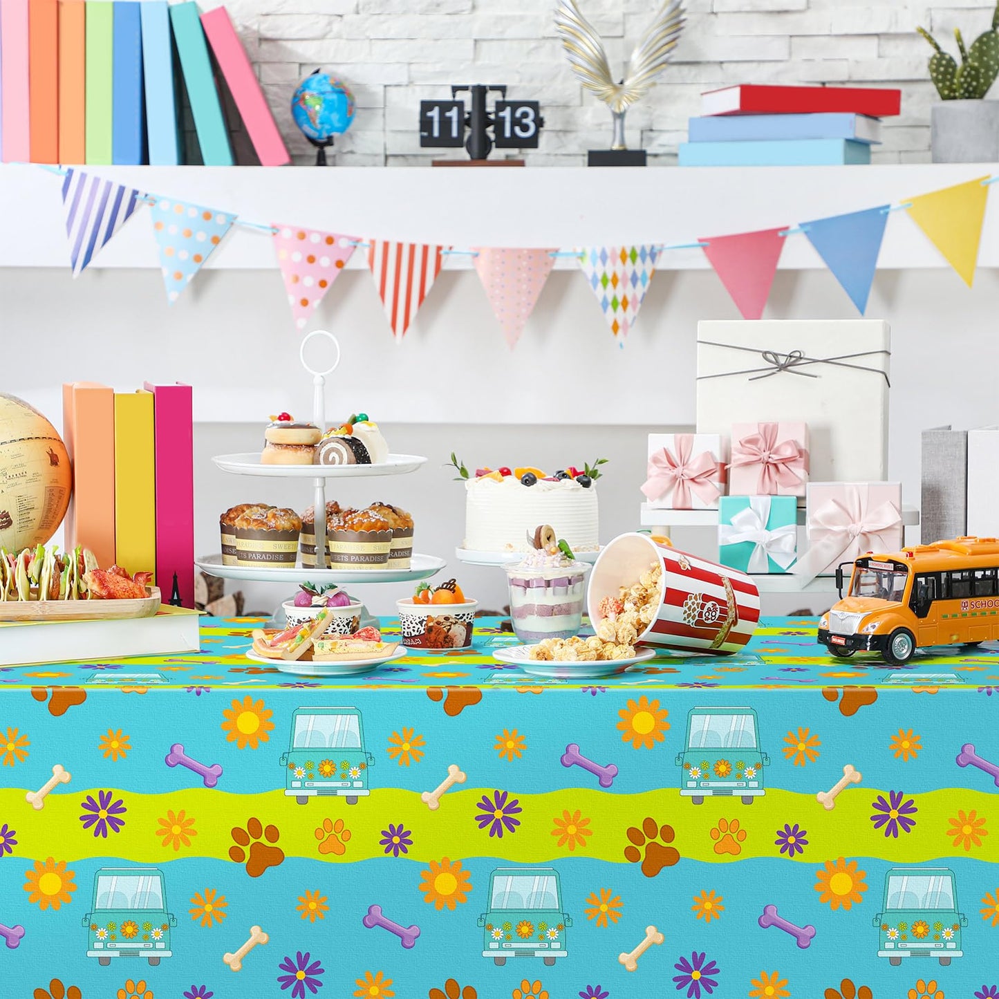 MotiMind 4 Pcs Mysterious Dog Party Supplies Christmas Cartoon Car Hippie Tablecloth Disposable Paw Table Cover Waterproof Daisy