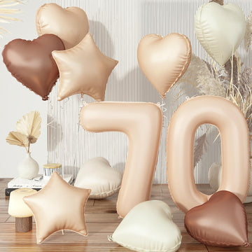 70Th Birthday Balloons Beige, Large Apricot Tan Foil 70 Number Balloon Decor With Sand White Cream Nude Helium Heart Star Balloo