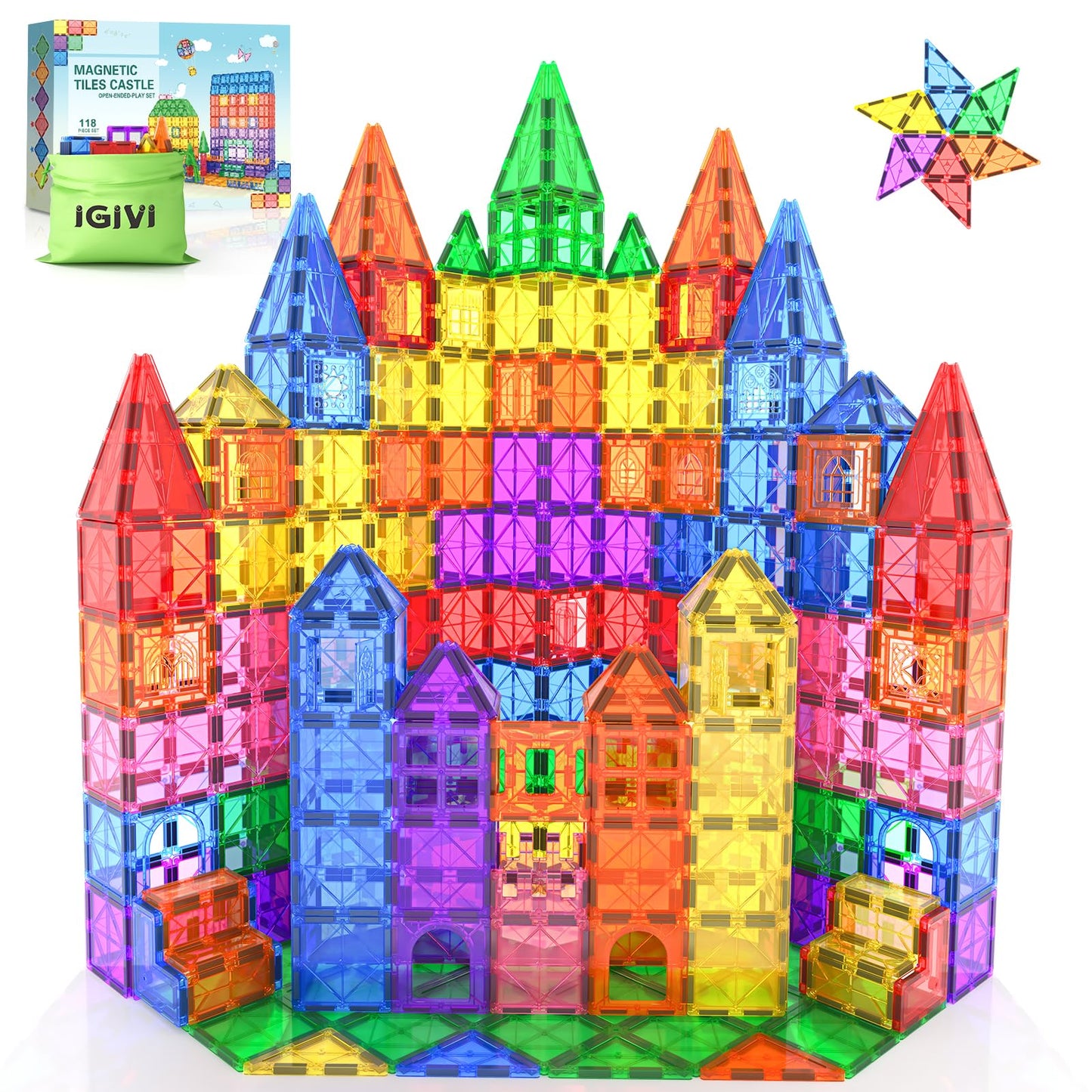 Igivi 118Pcs Magnetic Tiles, Magnet Building Blocks, Kids Toys For Ages 4-8 5-7, Stem Educational Construction Toys For Toddlers, Birthday For 3 4 5 6 7 8 Year Old Boys And Girls