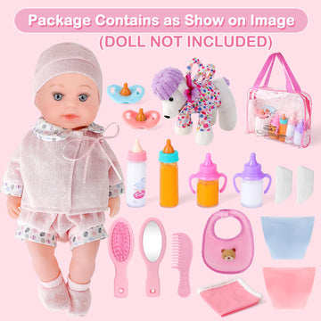 Deao Baby Doll Accessories Bag,20Pcs Baby Feeding Accessories,Clothes,Doll Dog,Soother Dummy - Pretend Play Set For Birthday Gift Christmas(Doll Not Included)