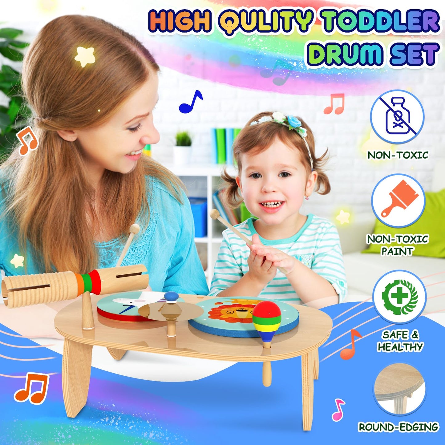 Looikoos Kids Drum Set For Toddlers 1-3, All In One Montessori Musical Instruments -Wooden Percussion Educational Preschool Music Toys For Baby 12-18 Months
