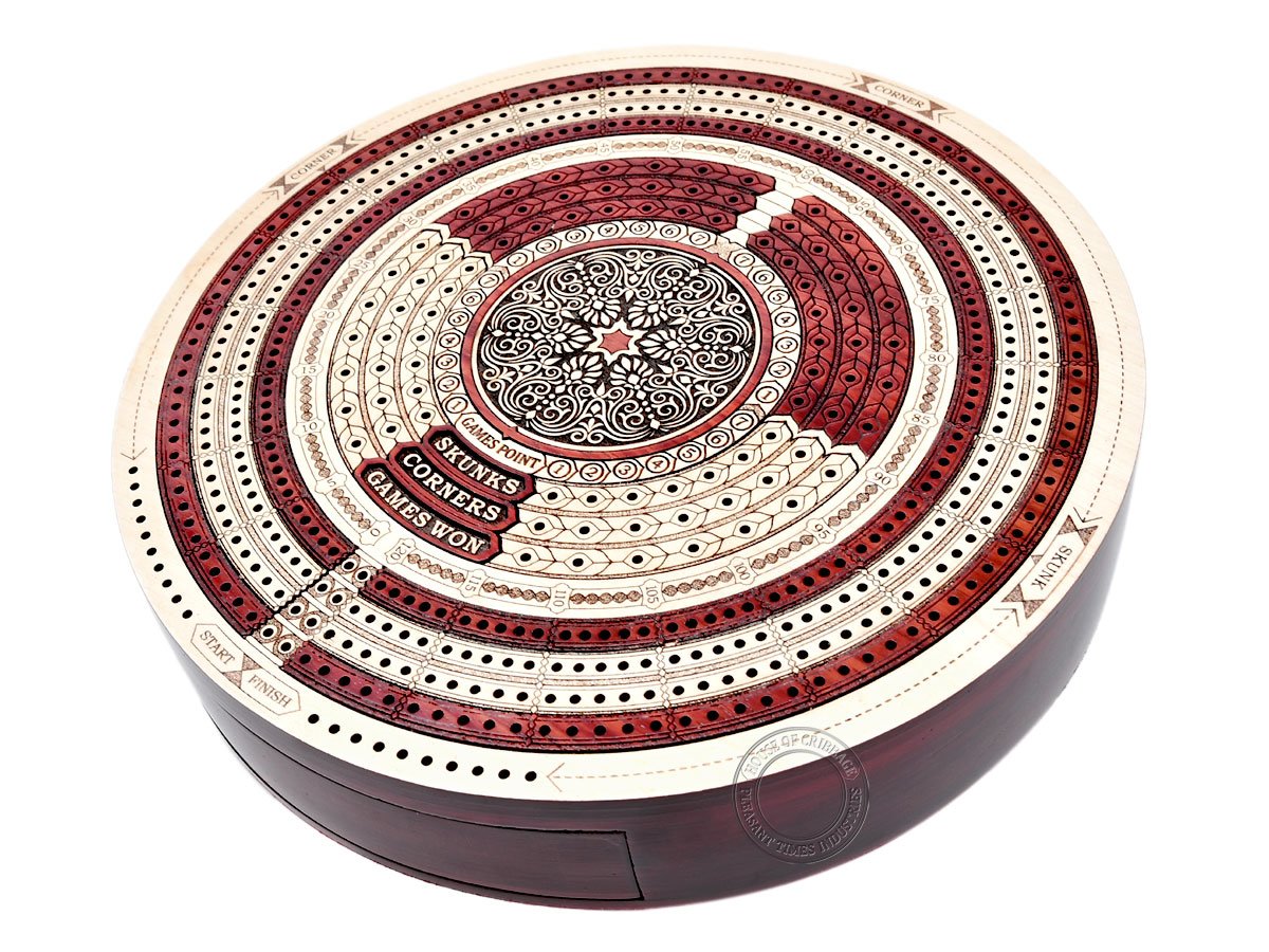 House of Cribbage 10" Round Cribbage Board - Maple/Bloodwood, 4 Tracks, Push Drawer, Maroon