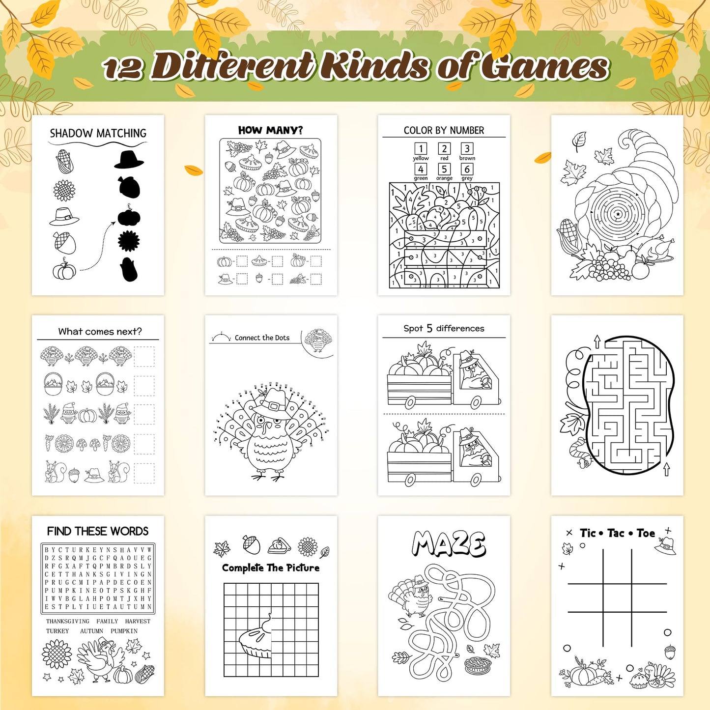 Thanksgiving Activity Books for Kids - Fall Themed Mini Games Coloring Book Set Bulk Mazes Word Search Word Scramble Games DIY B