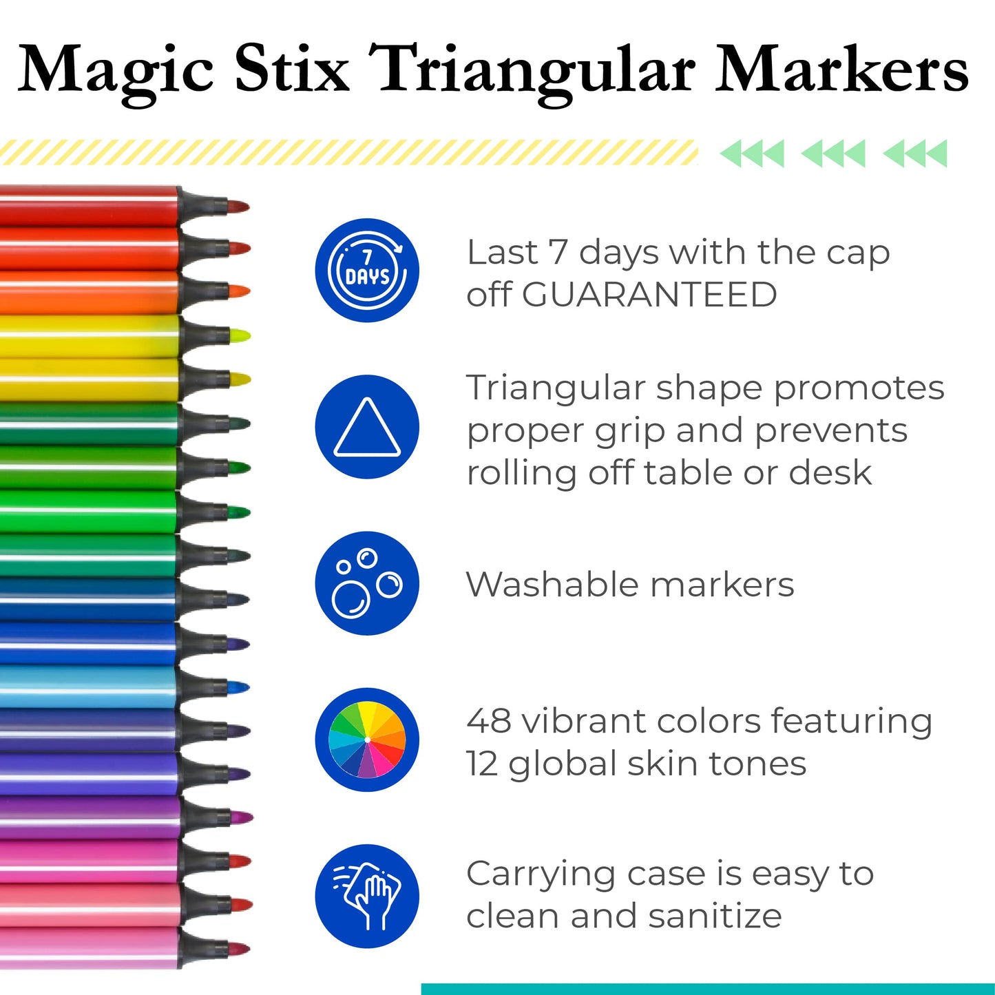 The Pencil Grip Magic Tri Stix Markers Set, 48 Assorted Colors, Non-Toxic, Washable, Includes 12 Global Skin Tone Markers, TPG-390