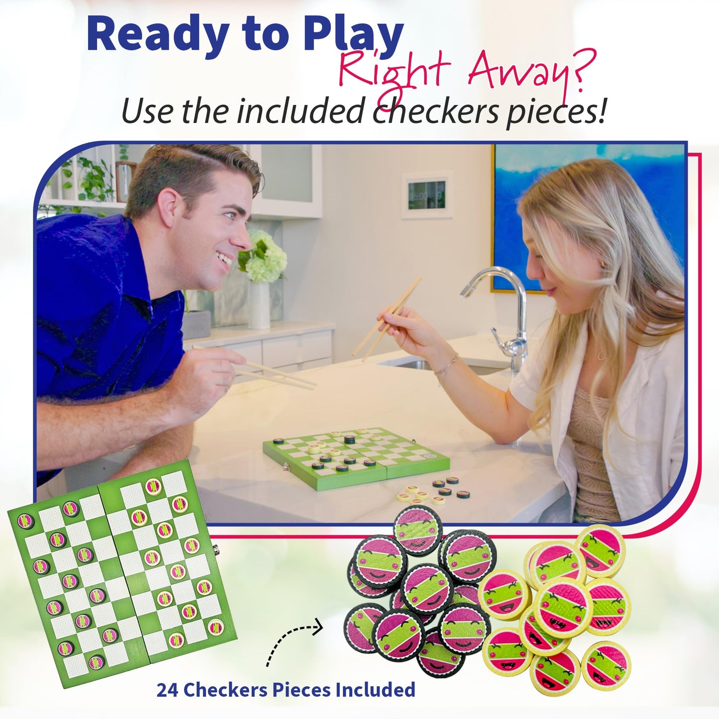 Project Genius: Sushi Checkers - Game & Sushi Making Set, Folding Bamboo Game Board, 24 Checkers & Chopsticks Set, Adults & Kids