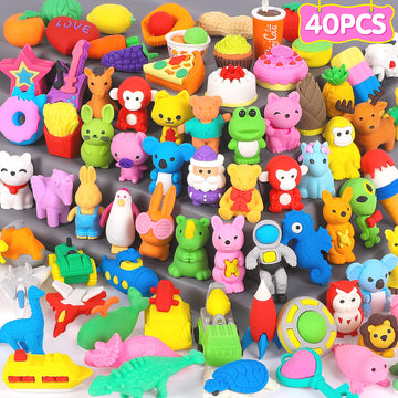 Arscniek 40 Pack Pencil Erasers For Kids Bulk Toys, Puzzle Animal Erasers 3D Mini Erasers Take Apart Food Erasers, Party Favors Desk Pets Classroom Prizes Treasure Box Stocking Stuffers For Kids