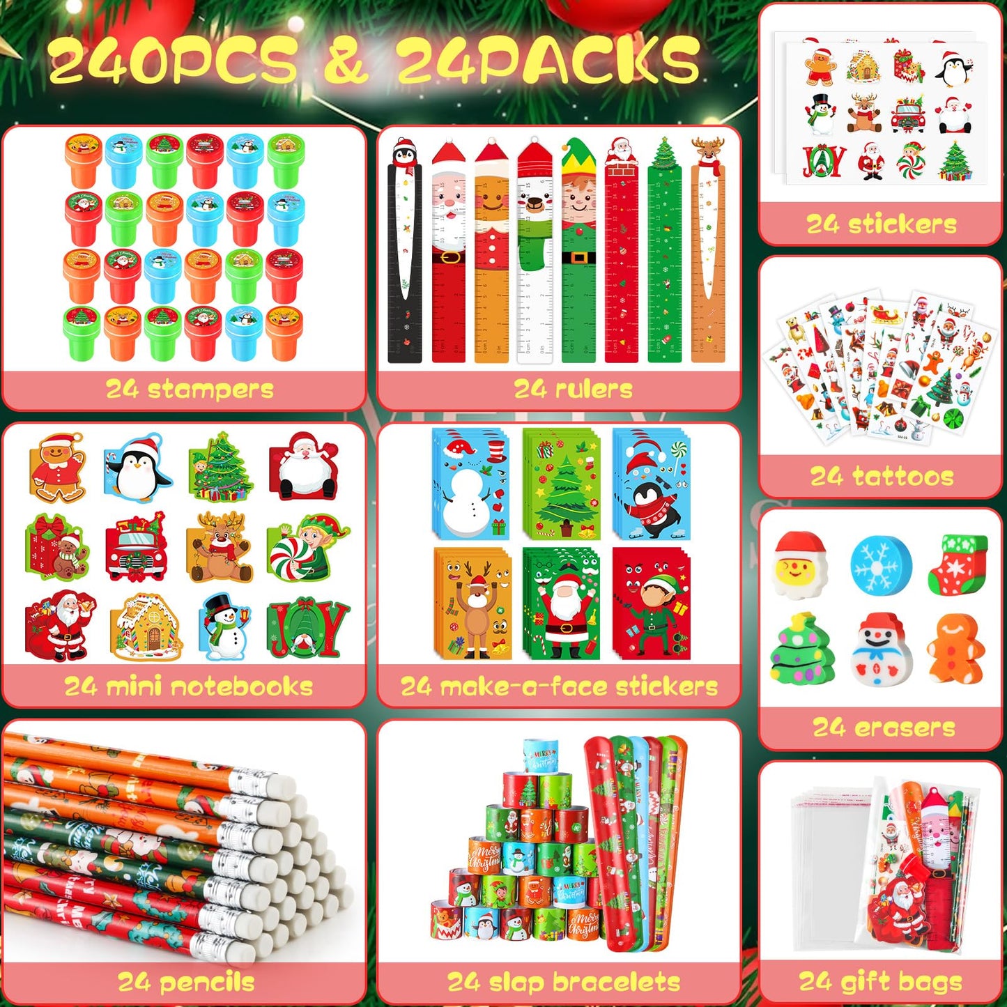 Ben Louis 240Pcs Christmas School Stationery Set Party Favors Xmas Classroom Gift Exchange Prizes Stuffer Filler Decoration Bulk