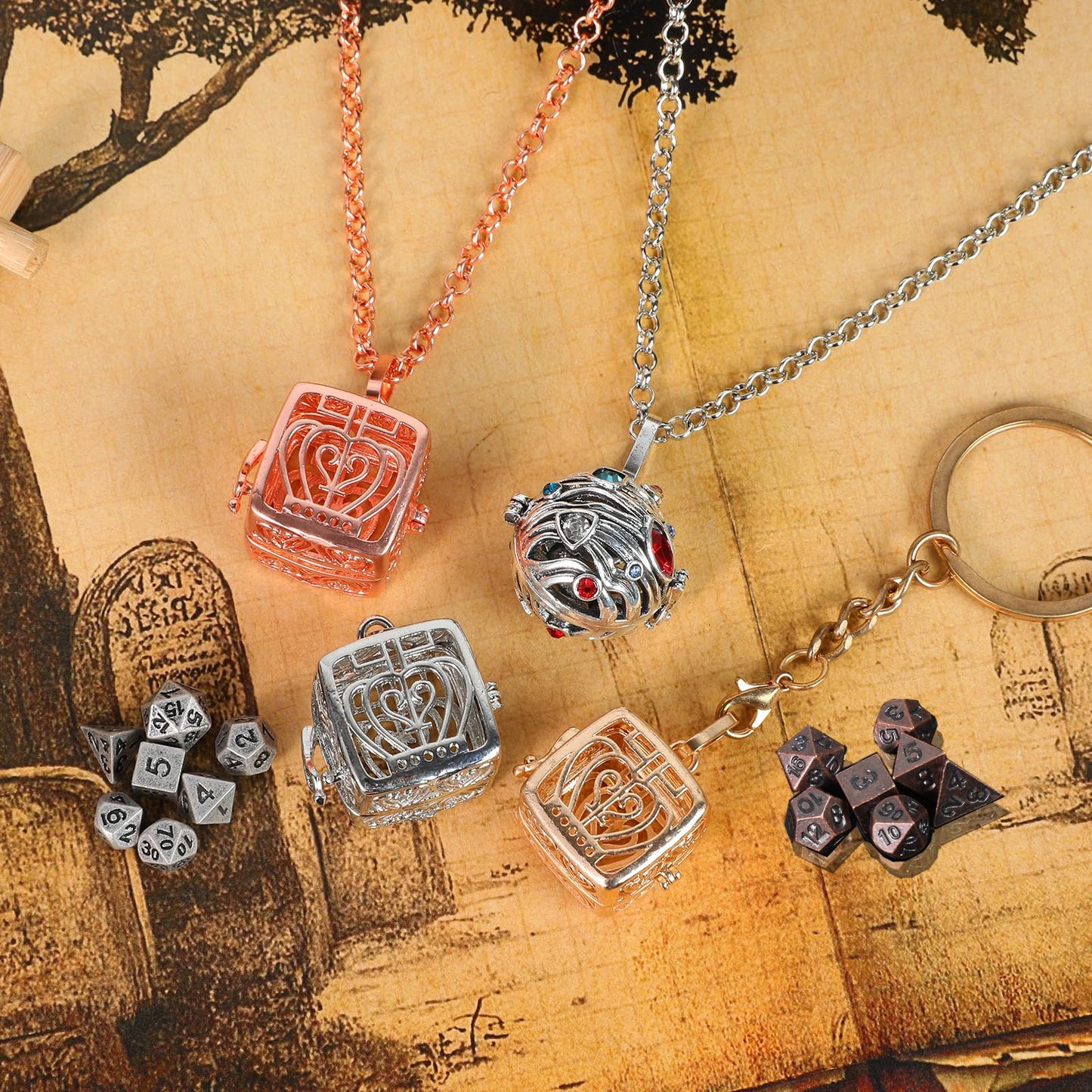 Xqidian Mini Dice Set With Copper Hollow Crown Necklace Dice Case Antique Tiny Small Metal Dnd Dice Set D&D Portable 7Pcs Keycha