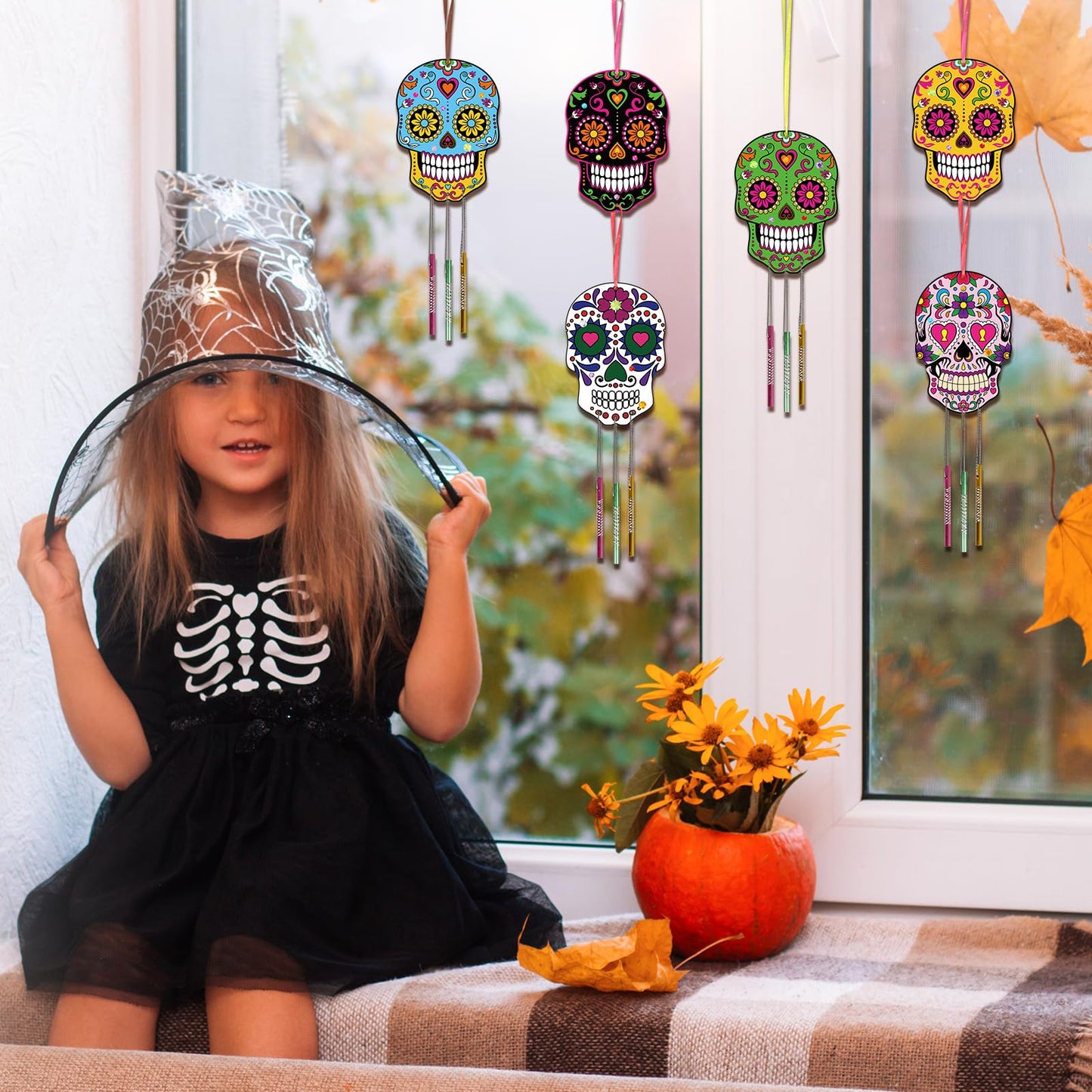 Fennoral 9 Pack Skull Wind Chime Kit For Kids Make You Own Day Of The Dead Wind Chime Hanging Ornaments Diy Coloring Wooden Hall
