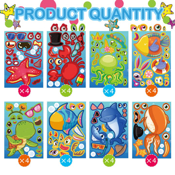 32 Sheets Make-A-Sea Face Stickers Ocean Animals Diy Art Craft Rewards For School Kid Teacher Summer Mermaid Party Favor Sticker