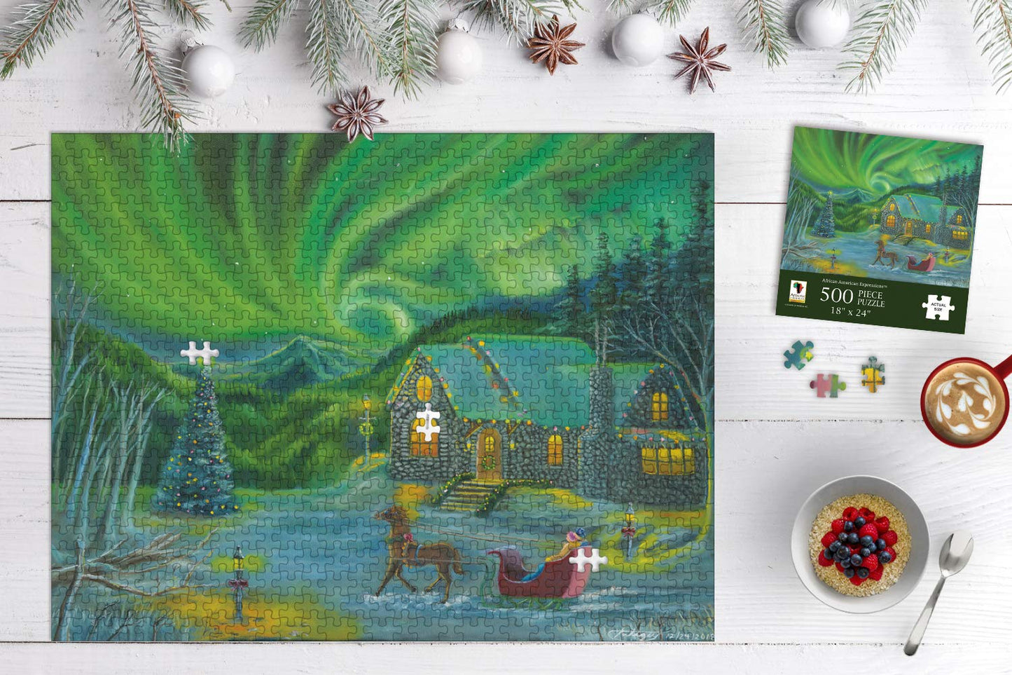 African American Expressions - Northern Lights Christmas Scene Puzzle - 500-Piece African American Jigsaw Puzzle For Adults | Wi
