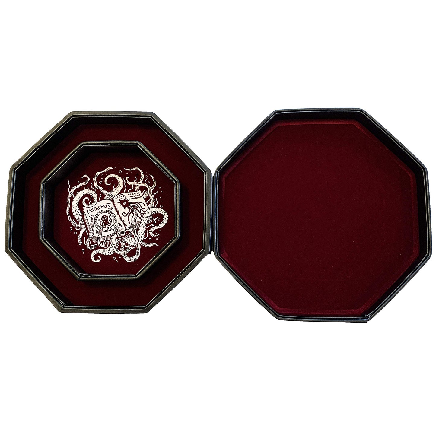 Fantasydice-Cthulhu Tome-RED- Dice Tray - 8'' Octagon with Lid and Dice Staging Area- Holds 5 Sets(7 Dice Set/Standard) for All