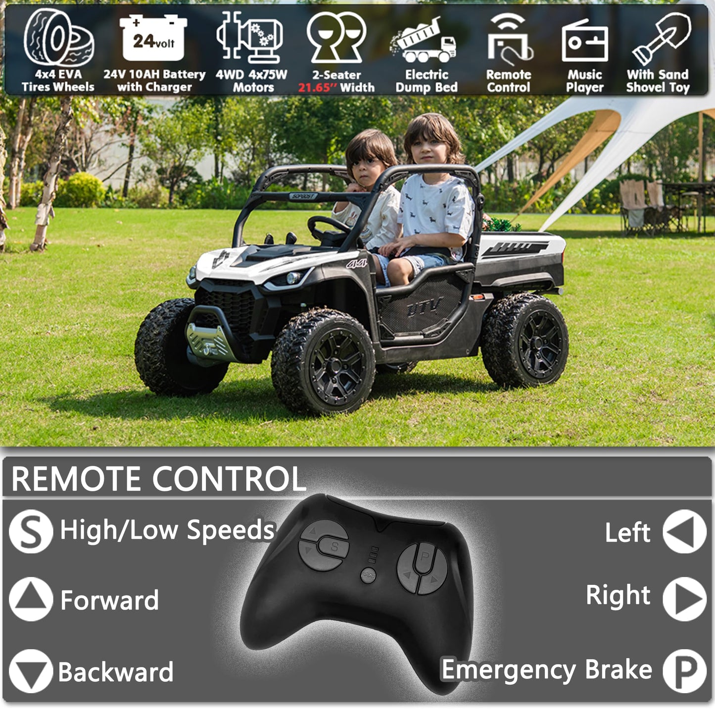 Sopbost 24V 10Ah 2 Seater Ride On Car With Remote Control Battery Powered Ride On Toy Electric Kids Utv With Large Dump Bed, 4X7