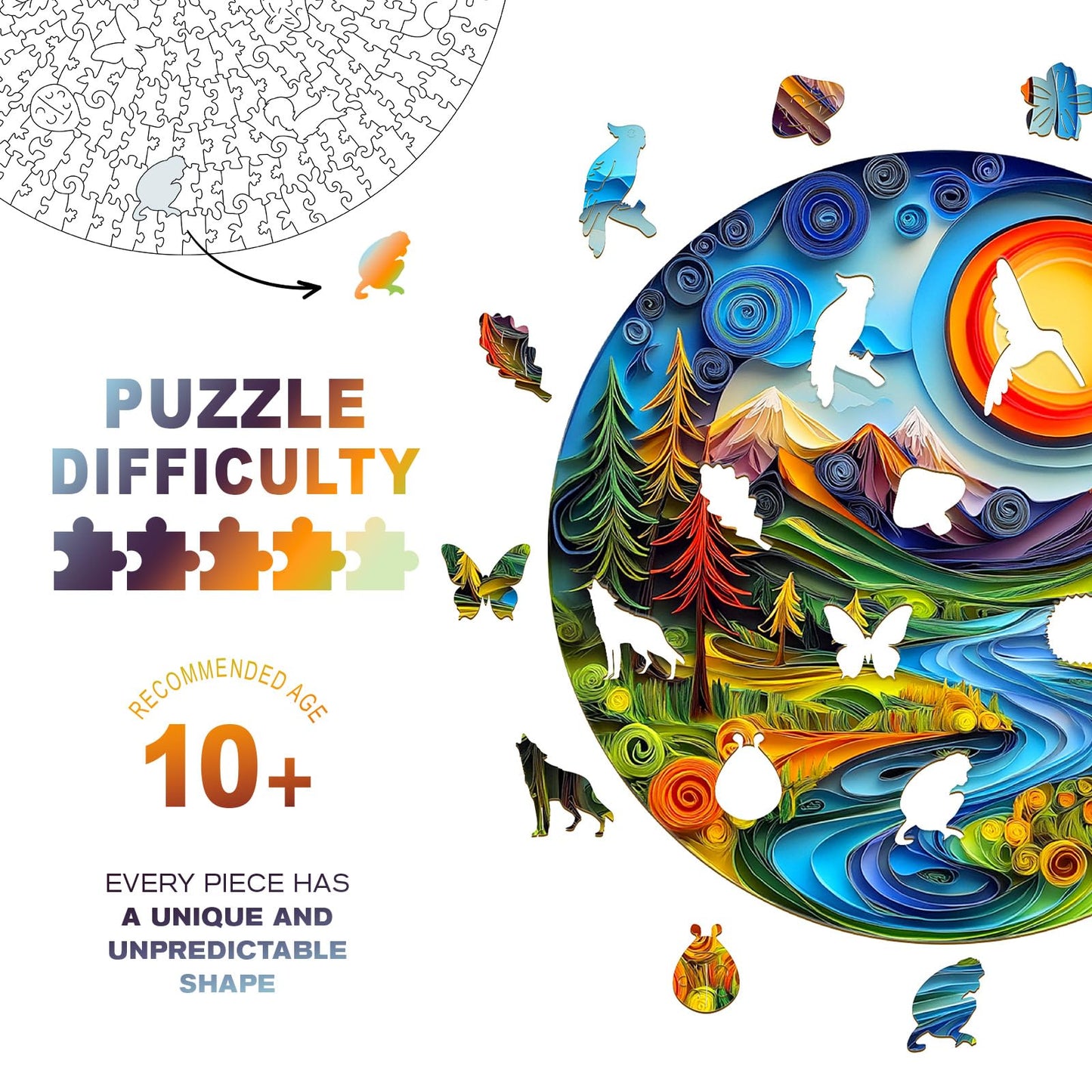 Wooden Puzzles for mature-themeds  Unique Animal Shaped Sunrise Scenery mature-themed Puzzle  3D Vision Wooden Jigsaw Puzzles mature-themed  Challenging Creative Gifts Family Games 13.4 * 13.4in 300pcs