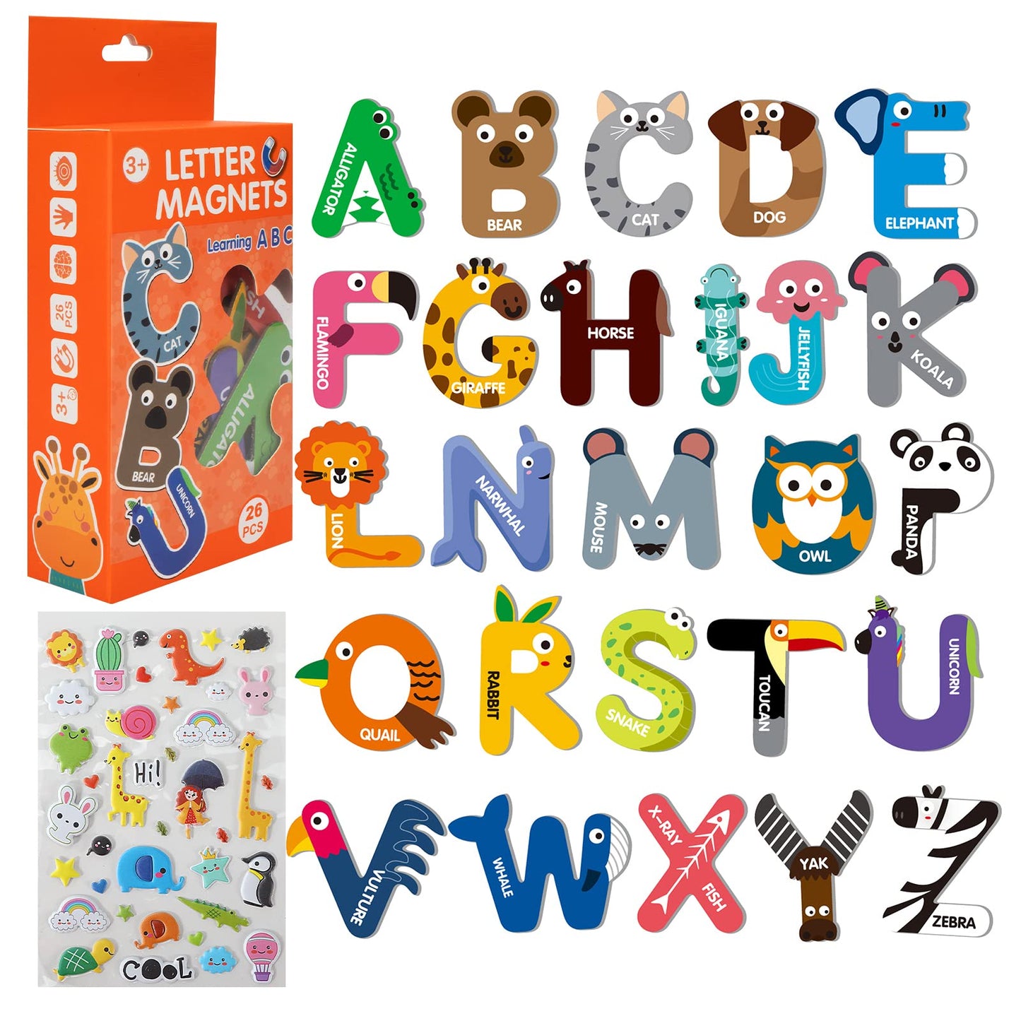 Large Size Magnetic Letters, Cute Animal Alphabet ABC Magnets Educational Spelling Learning Games for Kids, Toddlers 3 4 5 Years