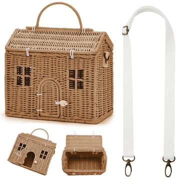 Wettarn Handmade Rattan Doll House Rattan House Shape Shoulder Bag Wicker Basket With Lid For Doll Toys Storage Basket Small Dol