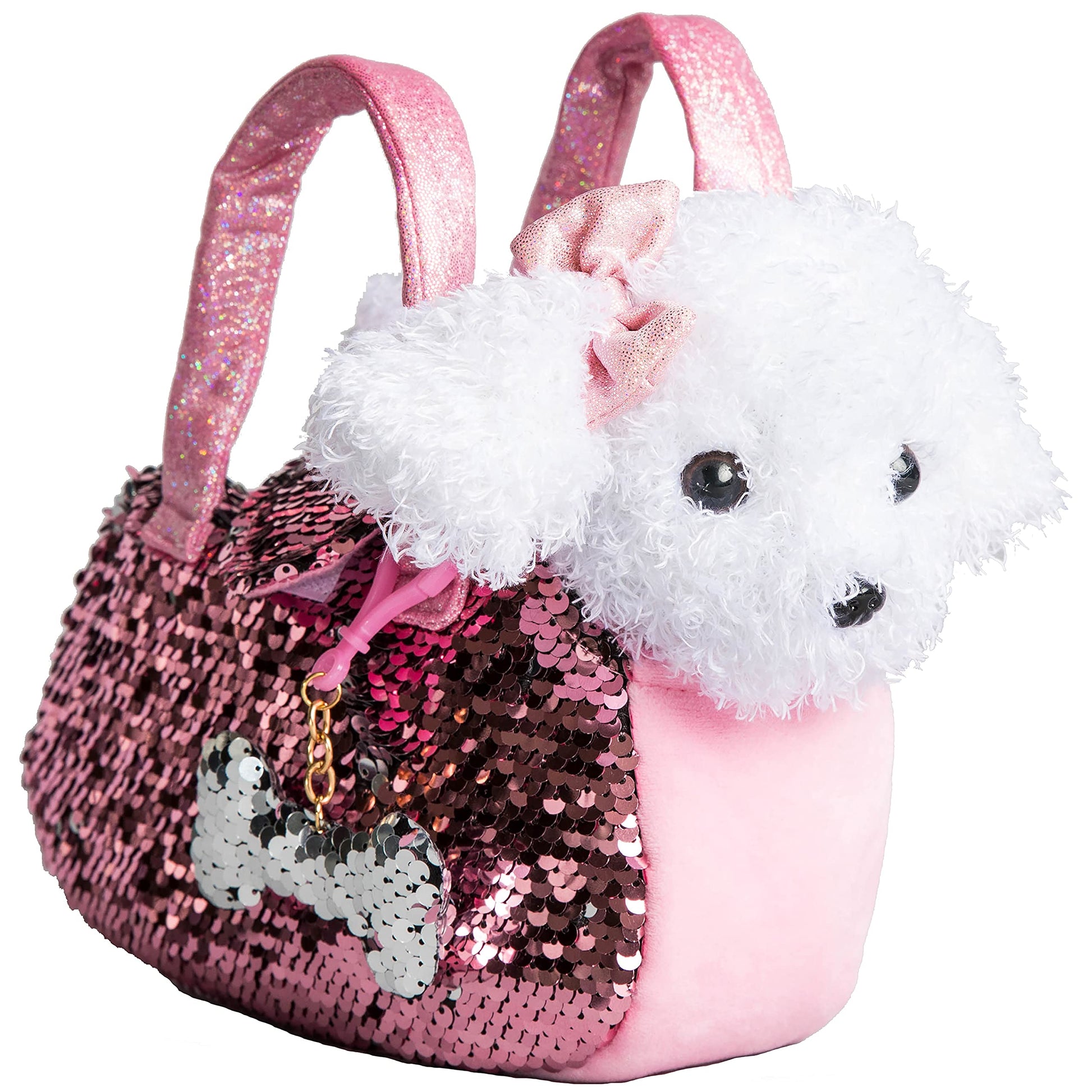 Little Jupiter Pet Plush Set with Purse w/ Reversible Sequins & Charm - Stuffed Animal Toy for Kids Ages 4 - 5 - 6 - 7 - Stuffed Animal Purse - Stuffed Animals for Girls - (White Labradoodle)