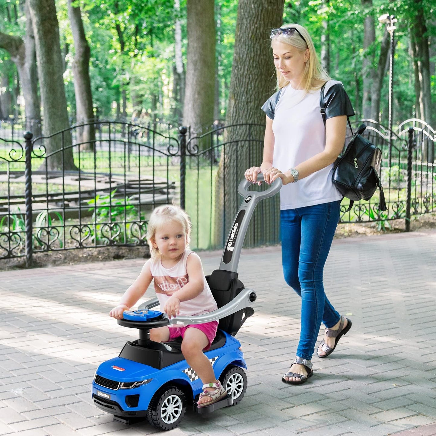 Olakids 4 In 1 Ride On Push Car, Toddlers Stroller Sliding Walking Toy With Horn, Music, Lights, Removable Guardrails And Handle, Underneath Storage, Baby Foot-To-Floor Walker For Boys Girls (Navy)