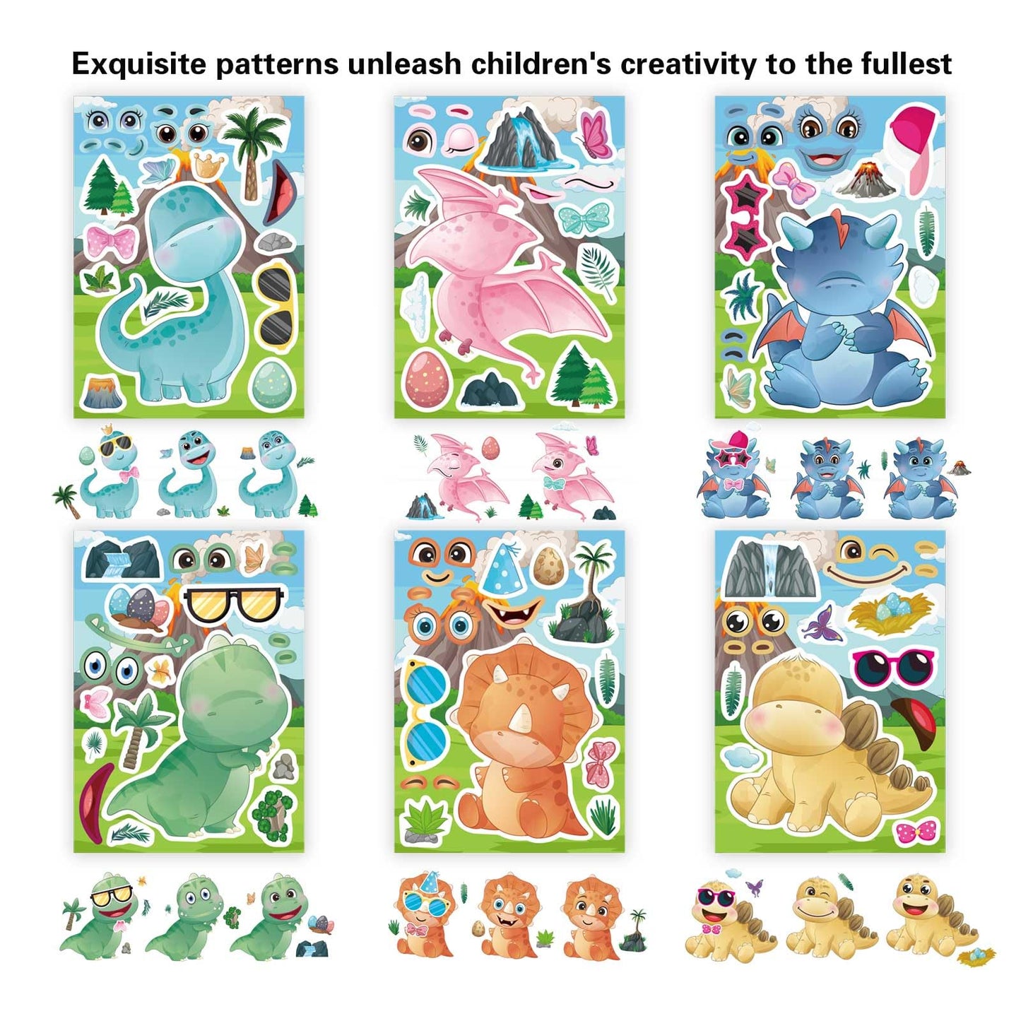 24 Sheets Cute Dinosaur Stickers For Kids Toddler Make-A-Face Stickers Make Your Own Dinosaur Stickers Dinosaur Birthday Party F