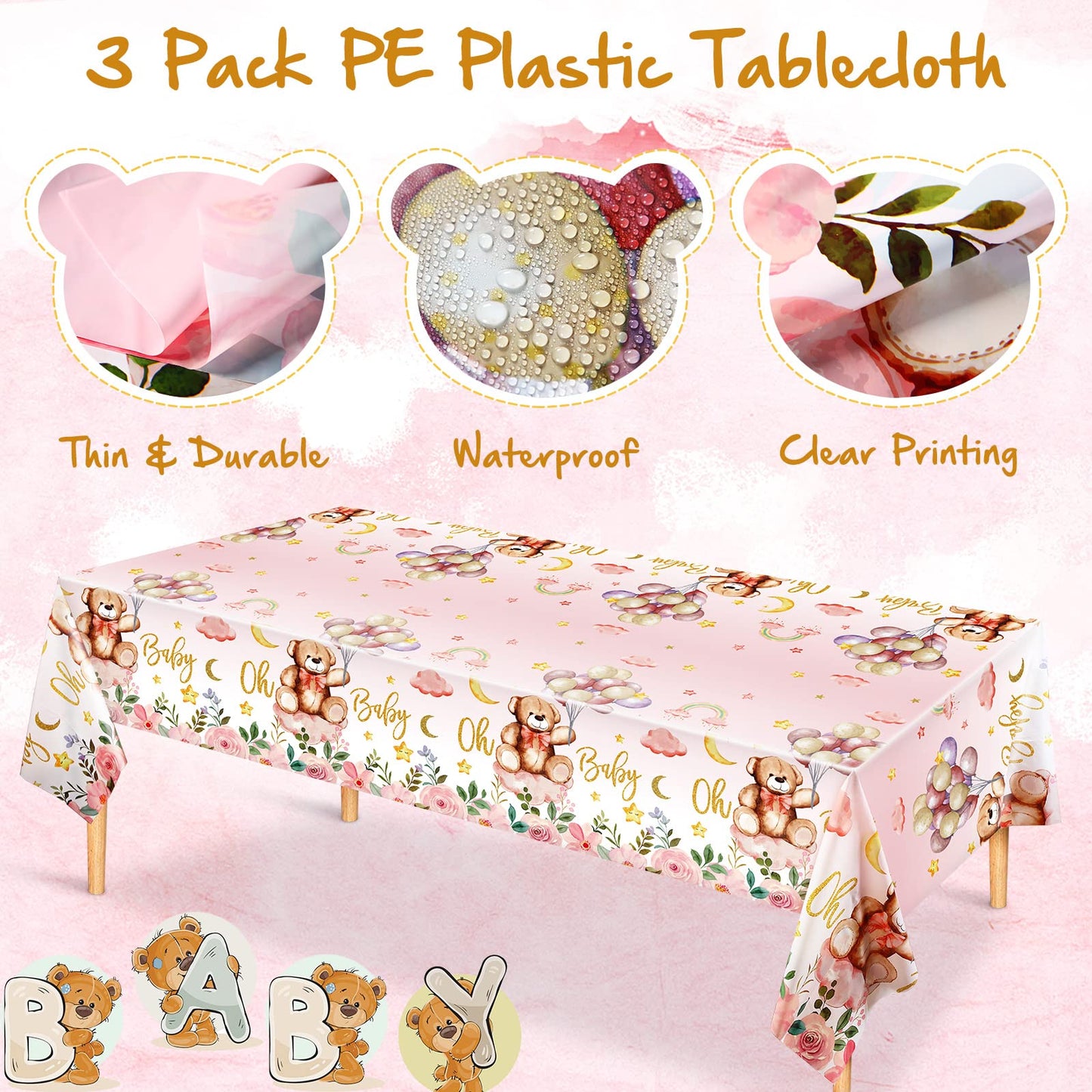 3 Pack Teddy Bear Baby Shower Tablecloth Plastic Table Cover Balloon Bear Rectangle Tablecloth For Boy Girl Gender Reveal Birthday Baby Shower Bear Theme Party Decor, 54 X 108 Inch (Pink)