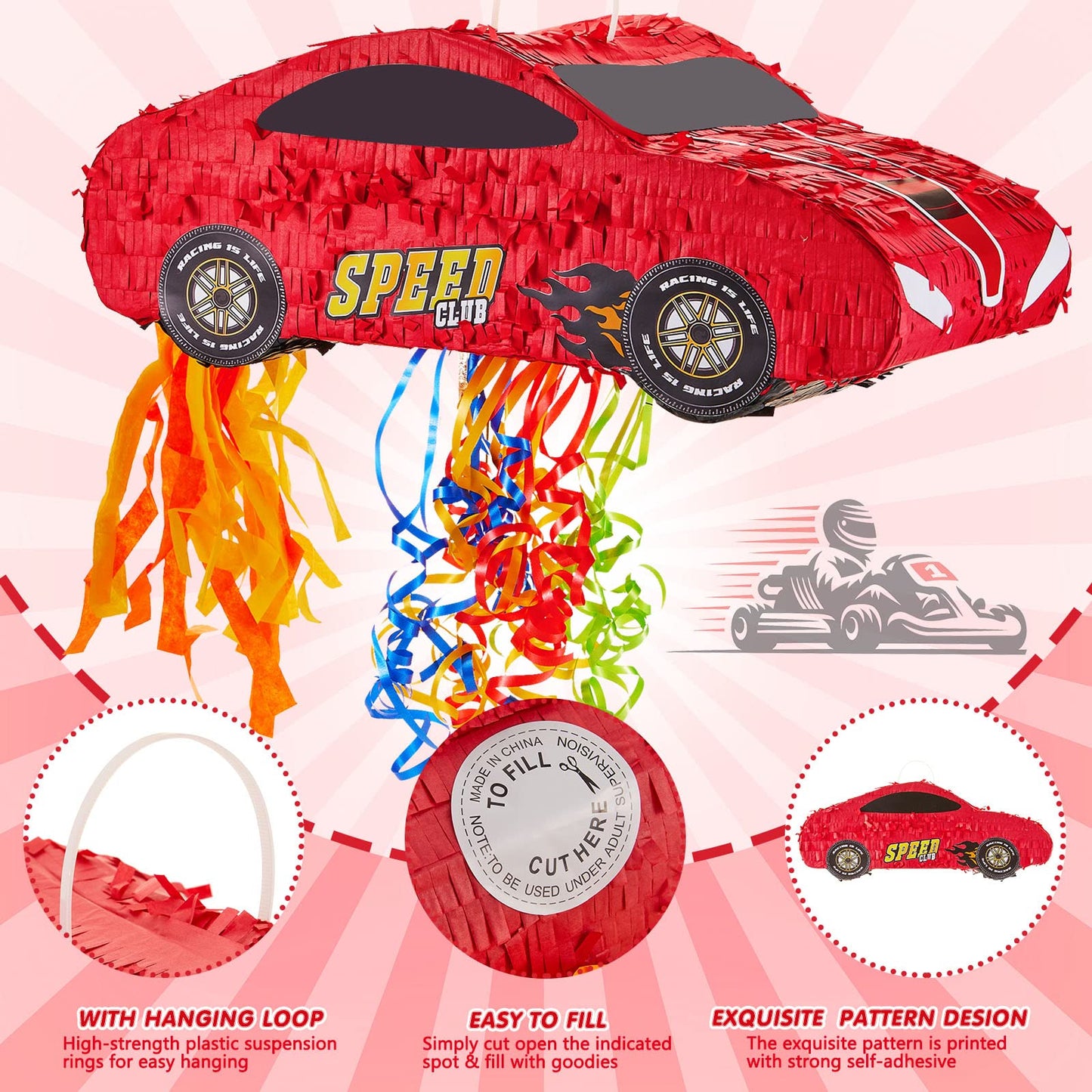 4 Pcs 15.7 Inch Race Car Piñata With Pull Strings, 3D Car Piñata With Blindfold Bat Confetti Double Sided, Race Cars Photo Booth Props For Boy Race Car Theme Birthday Baby Shower Party Supplies
