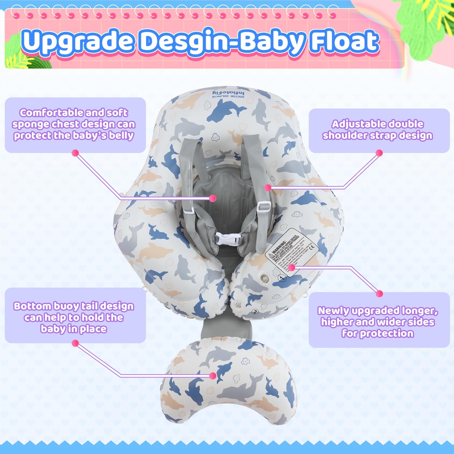 INFLATEFLY Baby Pool Float with Sun Canopy Inflatable Toddler Swimming Float with Anti-Backflip Tail Infant Pool Floaties for Ag