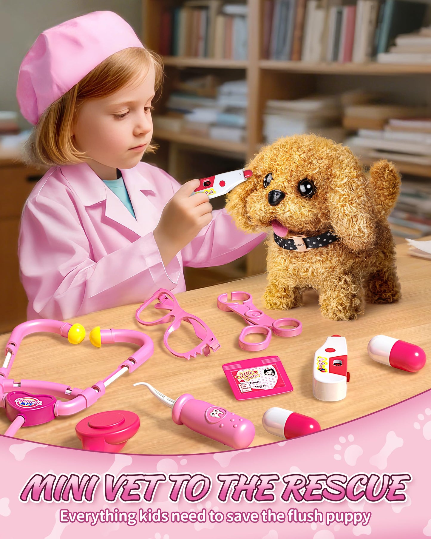 2 Plush Pets Cat & Dog, 36-Piece Vet Doctor Kit for Kids - Toddler Veterinarian Playset with Costume, Doctor and Dental Tools -