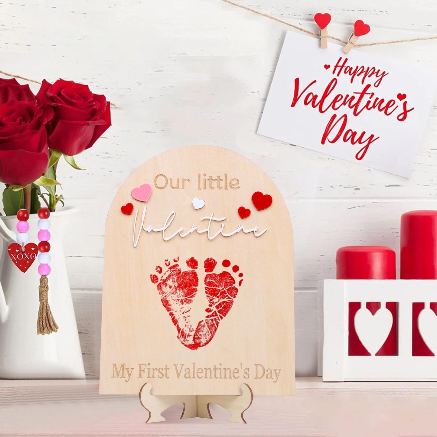 My First Valentine Footprint Wood Board - Our Little Valentine Wood Sign Milestone, Baby Footprint Wood Craft, First Valentine K
