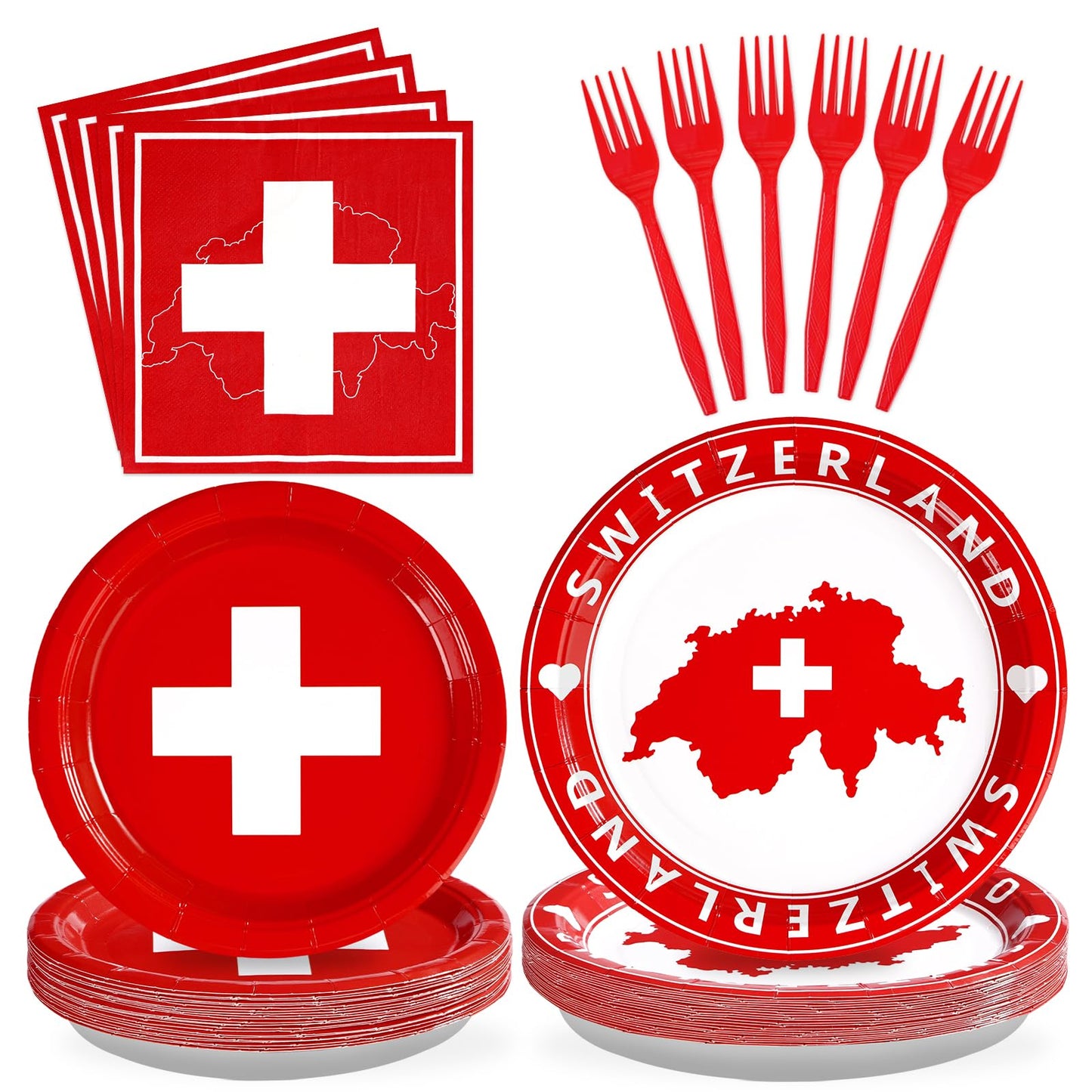 Grencian 96Pcs Switzerland Party Supplies Swiss Flag Plates and Napkins Disposable Switzerland Paper Plates Swiss National Day D