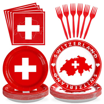 Grencian 96Pcs Switzerland Party Supplies Swiss Flag Plates and Napkins Disposable Switzerland Paper Plates Swiss National Day D
