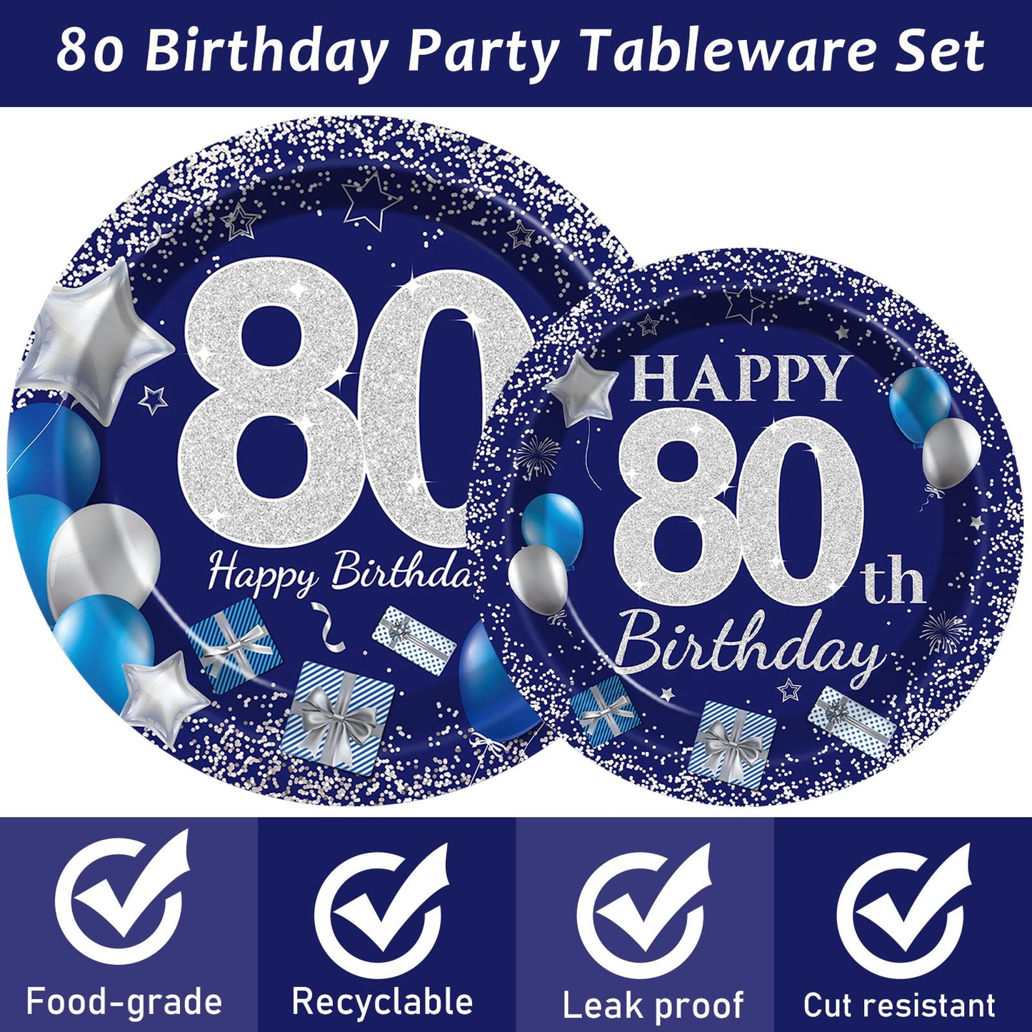 96 Pcs 80Th Birthday Party Supplies Navy Blue And Silver Birthday Plates 80Th Birthday Paper Tableware Happy Birthday Party Plat
