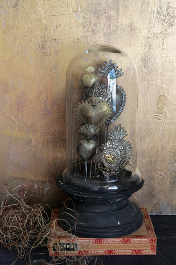 Creative Co-Op Decorative Multicolor Tin Sacred Hearts on Wood Pedestal with Glass Cloche - Unique Home Decor Accent