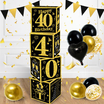 Toniful 4 Pcs 40Th Birthday Decorations Boxes For Men Women,Fourty Years Old Birthday Cardboard Box Party Supplies,Black And Gol
