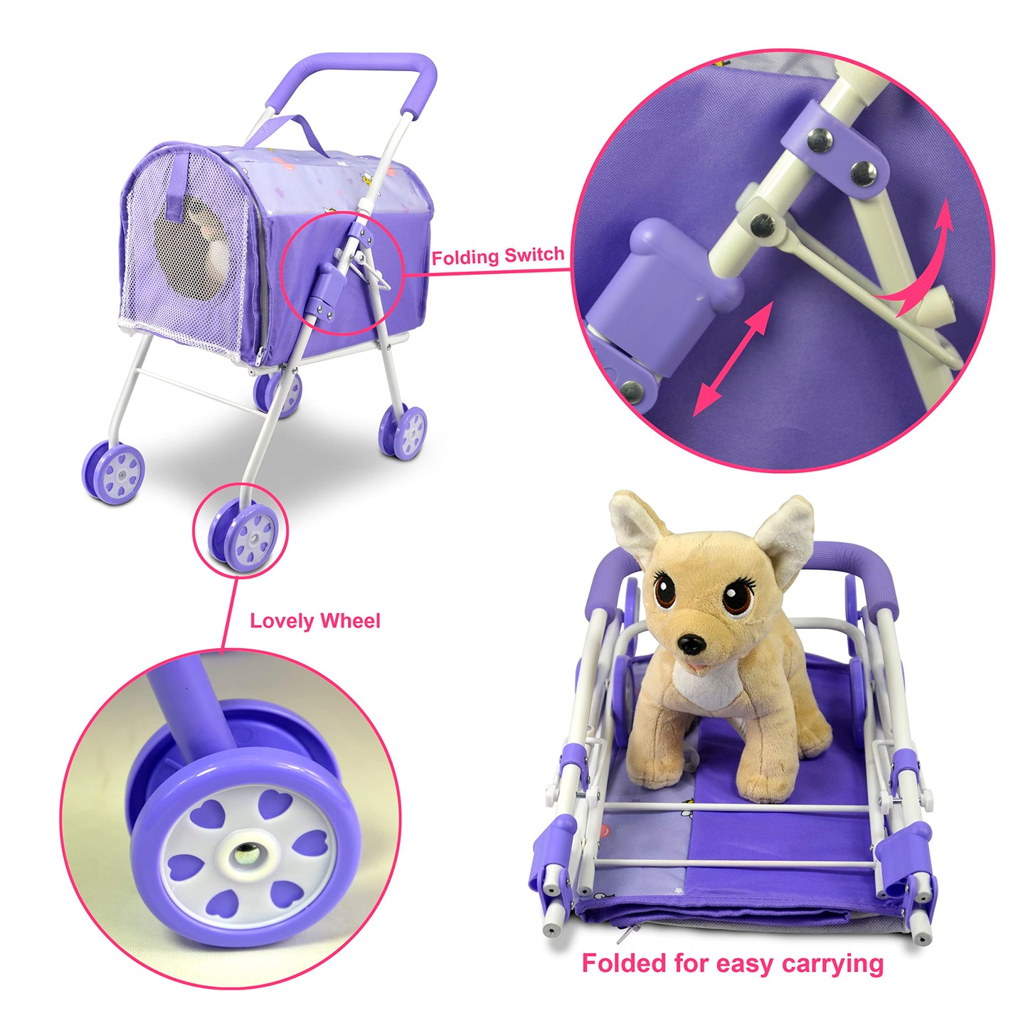 Anivia Pet Stroller And Accessories For Kids Ages 3 To 7 Year Olds, Dog Toy For Toddlers, 2 Pieces Play Dog Set, Puppy Party Playset With 1 Pet Puppy Included Purple