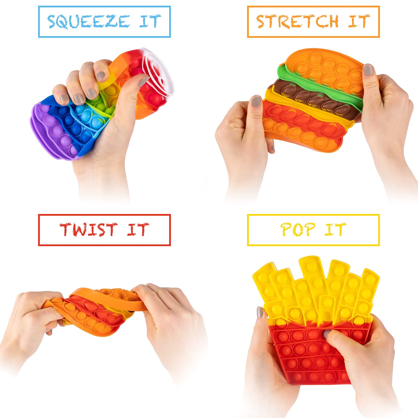 Pop Its Fidget Toys Pack 4 - Stress Relief Food Pop Its Poppers Fidget Poppet Toy - Autism Learning French Fry Pizza Hamburger Popits Push Pop Bubble Popping Sensory Toy For Kids
