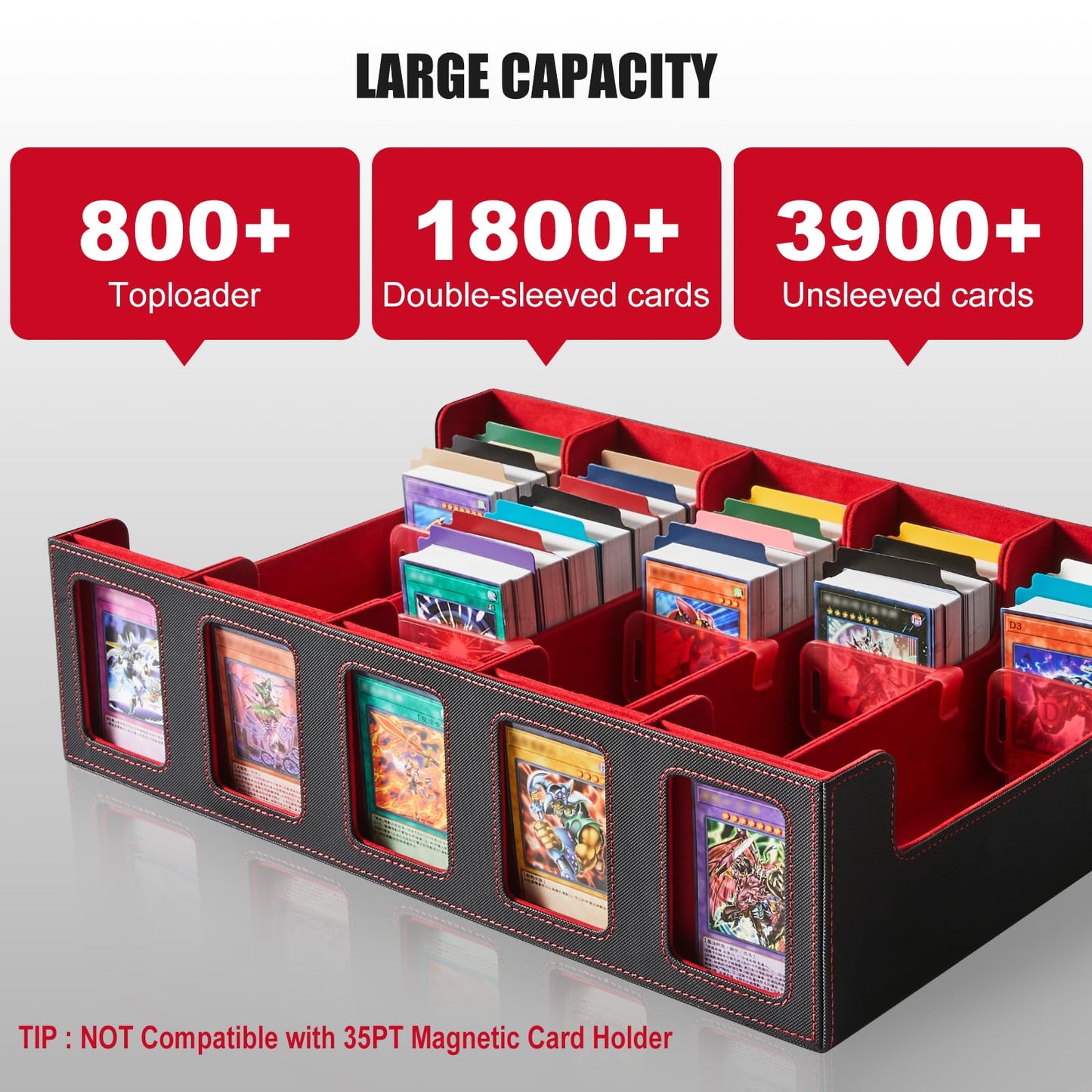 5-Row Trading Card Storage Box  Protable 3900+ MTG Deck Box with Removable Lid  Leather Magnetic Closure Commander Deck Box with 5 Toploaders  5 Stoppers  48 Dividers 1 Dice Tray (Black & Red)