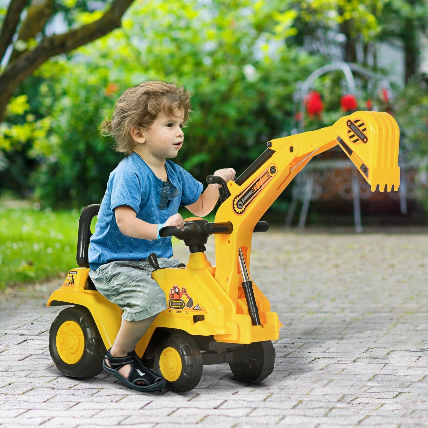 HOMCOM Kids Ride On Excavator Pull Cart, Large Yellow Digger Truck with Horn, Under Seat Storage, Model 301-057, for Ages 18M+