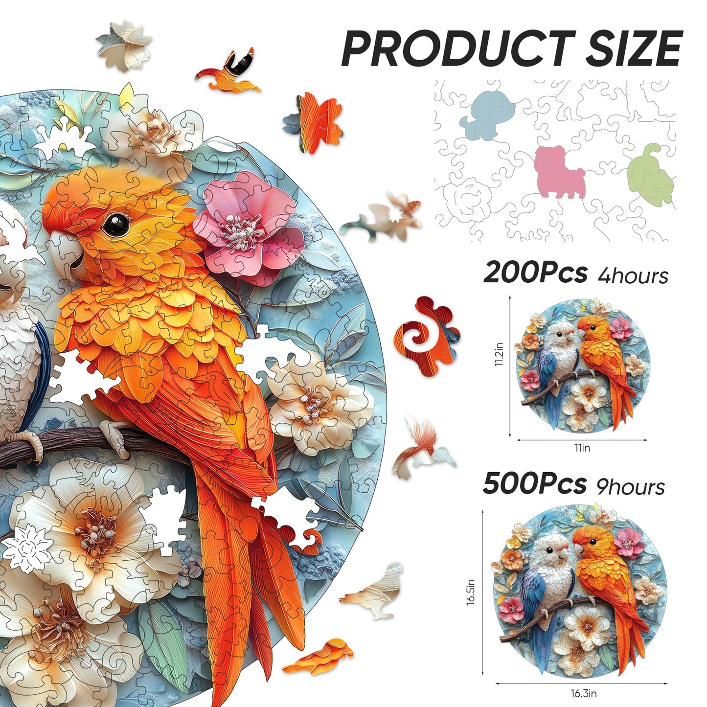 Wooden Puzzles for mature-themeds  Parrots Flower Wooden Jigsaw Puzzles 200pcs  10.9x11.2in Medium Unique Shape Animal mature-themed Puzzles  Irregular Wood Puzzles Creative Gift for mature-themeds and Kids Family Game