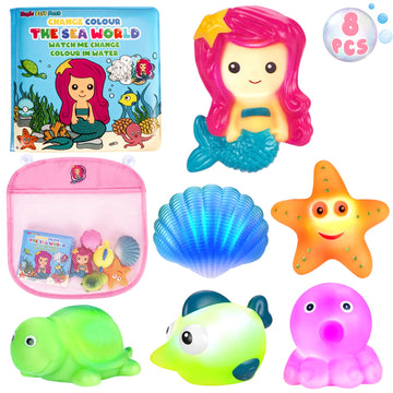 Light Up Bath Toys For Toddlers Kids Girls Baby, No Hole Glow Bath Toys With Bath Book & Organizer, Led Light Bath Time Water Toys For Bath Tubs Bathrooms Pool, Gift For Toddlers Girls Infants