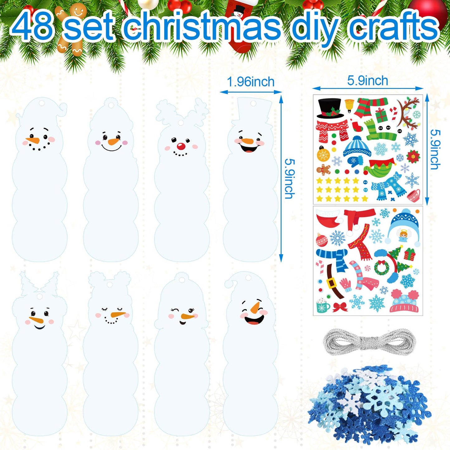 Frienda 48 Set Christmas Snowman Craft Kit DIY Christmas Snowman Bookmarks Ornaments Art Sets Winter Xmas Foam Stickers and Craf