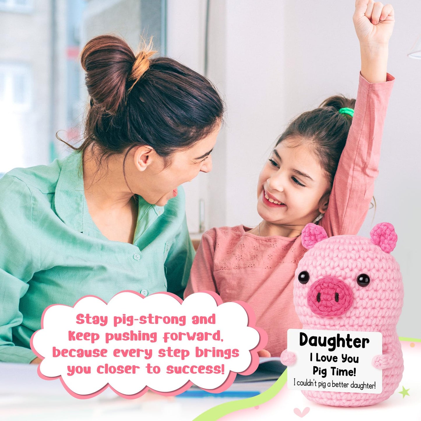 Funny Positive Pig Gifts for Daughter Birthday Christmas  Handmade Crochet Emotional Inspirational Pink Pig for Daughter Teens mature-themed  Daughter Gifts for Birthday Graduation Christmas Cute Decor