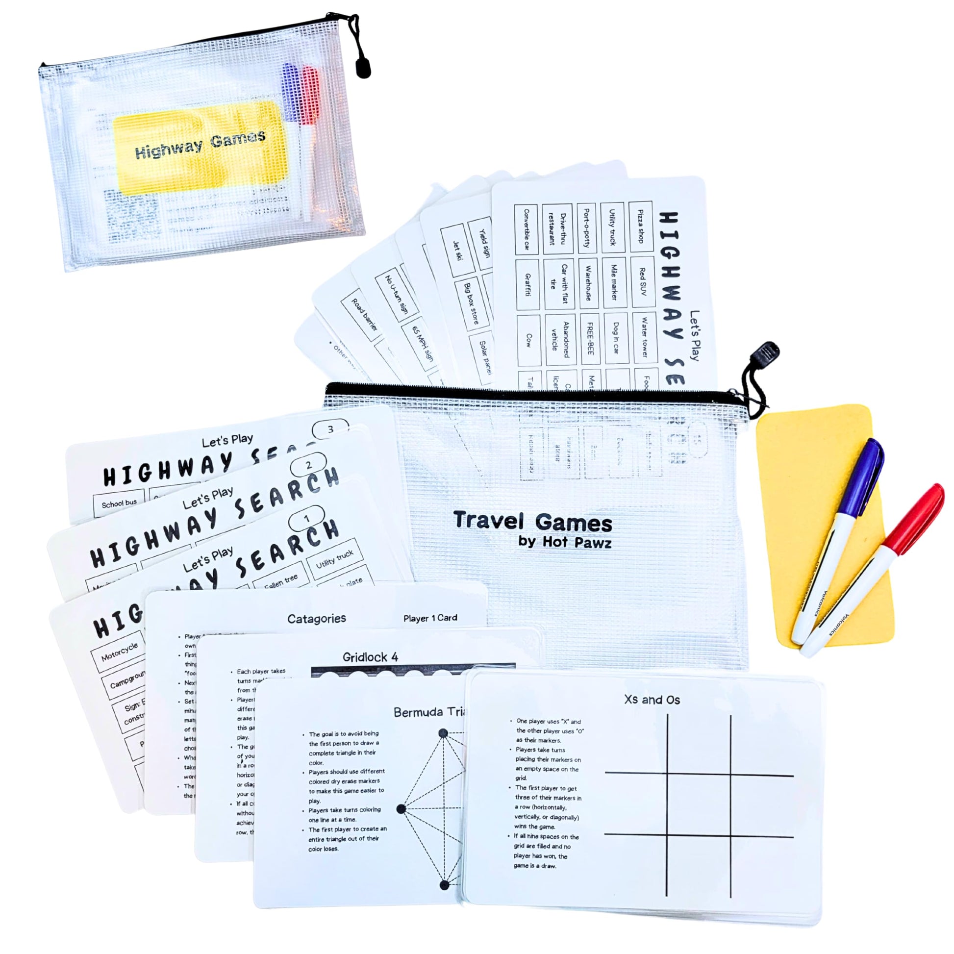 Travel Games For Families: Highway Game, 36 Unique Games, Reusable Laminated Cards With Dry Erase Markers, Kid Scavenger Hunt Ga