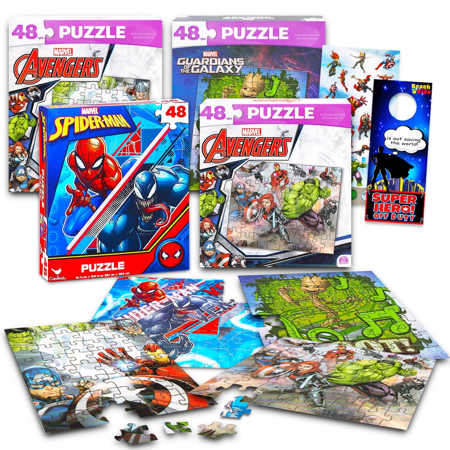Marvel Heroes Premier Puzzles Set - Bundle with 4 Assorted 48 Piece Avengers and Spiderman Puzzles Plus Stickers and More | Marv