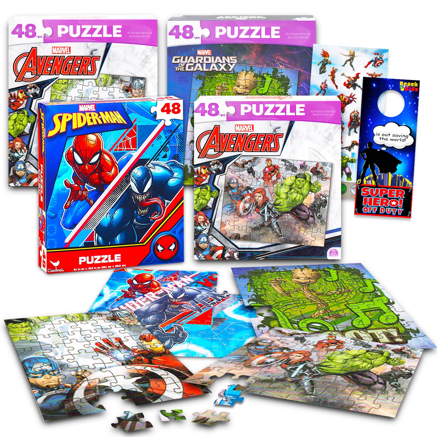 Marvel Heroes Premier Puzzles Set - Bundle with 4 Assorted 48 Piece Avengers and Spiderman Puzzles Plus Stickers and More | Marv