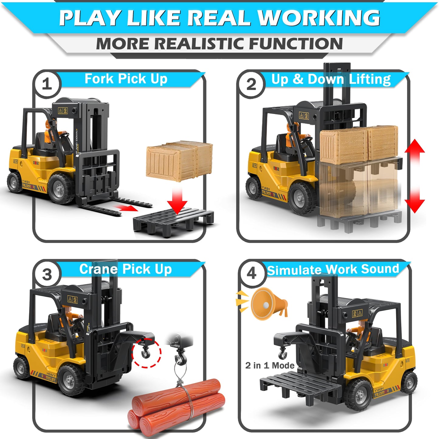 VWAHNANA RC Forklift Truck, 2 in 1 Transform Lift Fork & Hook, Kids Forklift Toy, 11 Channel Remote Control Forklift for Adults,